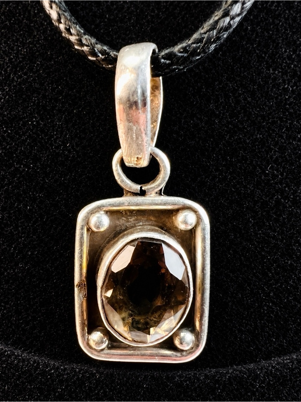 Beautiful aged Silvertone Amber color stone pendant + free cord necklace